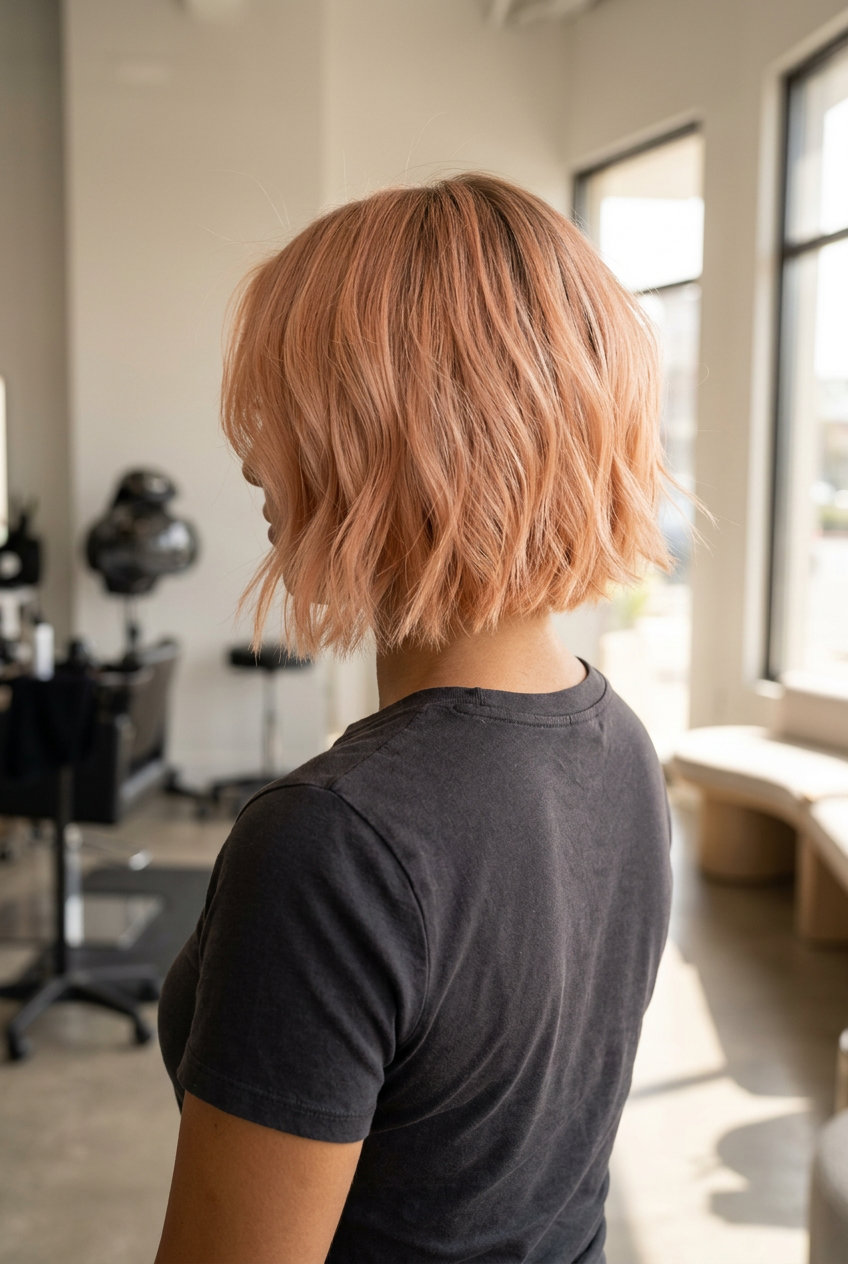 chin-length peach fuzz copper bob with soft layers and natural root for brunch