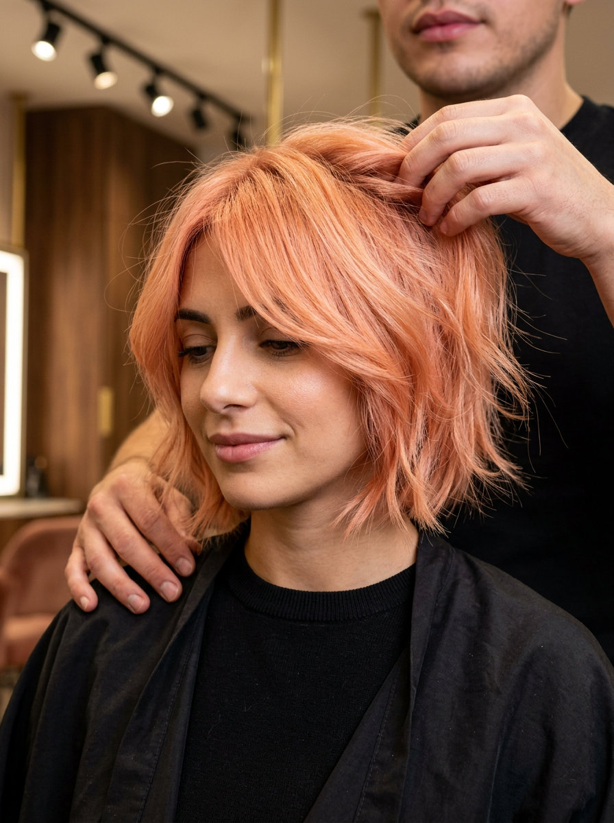 lip-length peach fuzz copper shaggy bob with micro-fringe for festivals