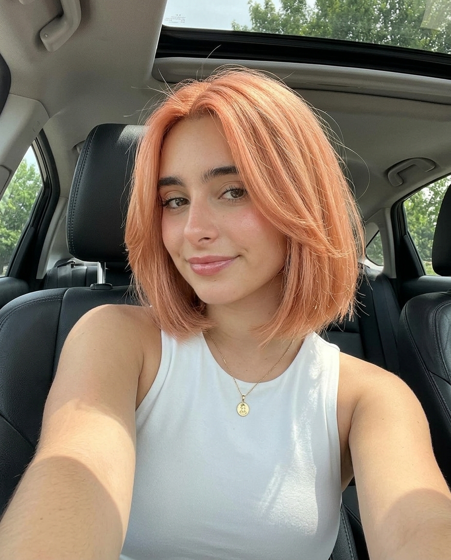 chin-length peach fuzz bob haircut with face-framing layers and diffused ends for date night