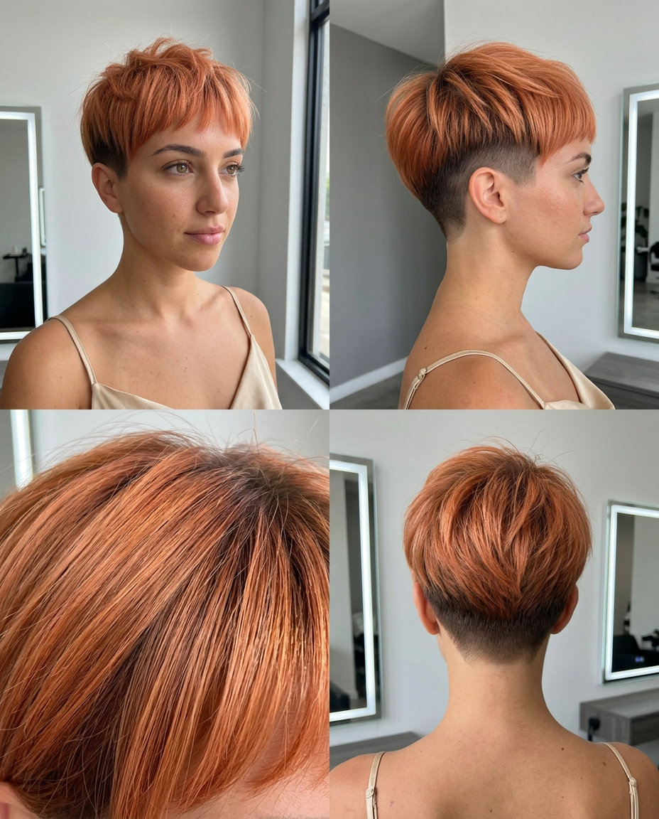 Peach Fuzz Copper Crop with Wispy Bangs 2026 long textured top with peach fuzz copper, micro-wispy bangs, and undercut for summer 2026