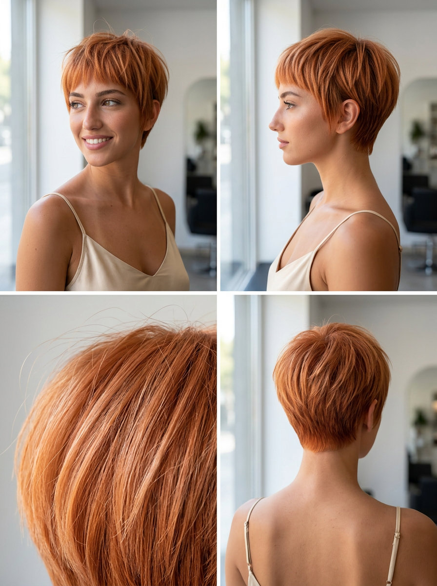 short razored pixie haircut with peach fuzz copper hair, choppy bangs, and tapered sides for festivals