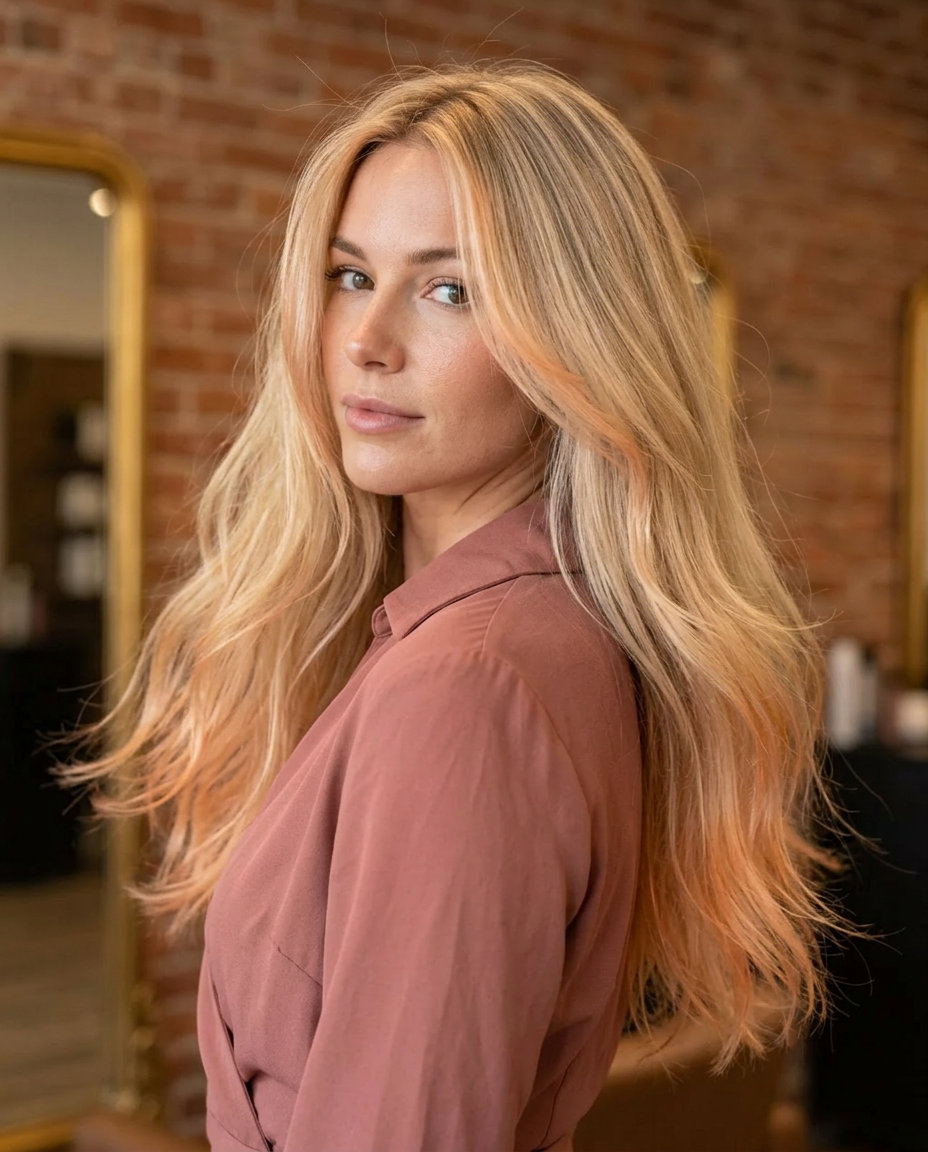 Peach Fuzz Ends: Ethereal Summer Hair Color 2026 Peach fuzz tinted ends on long layered hair for summer