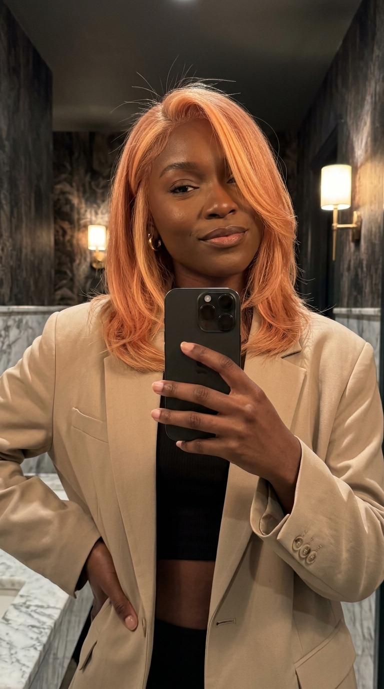 Peach-Gold Strawberry Blonde Money Piece 2026 long layered strawberry blonde with vibrant peach-gold money piece, bold foils, face-framing — playful weekend vibe