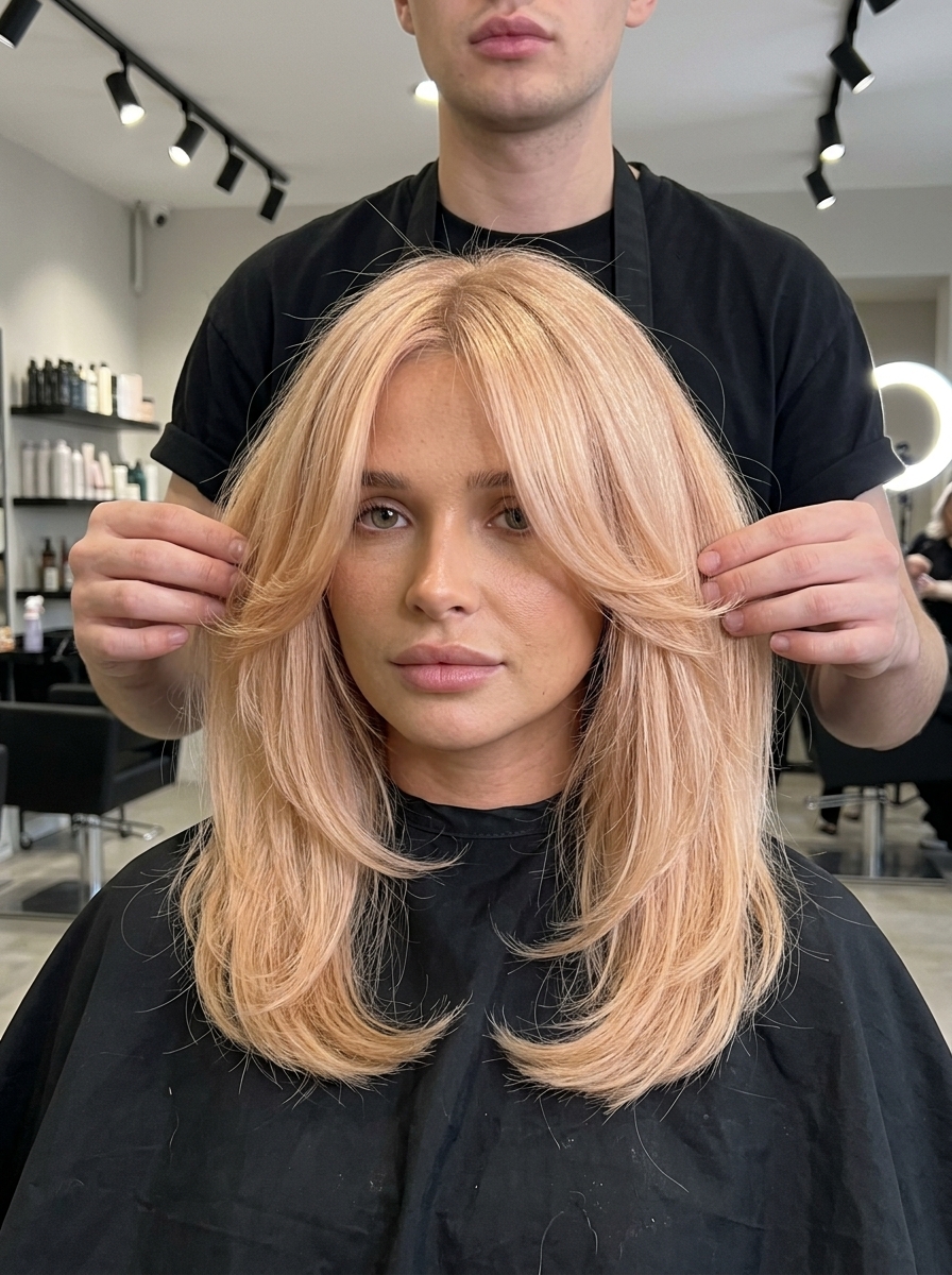Peachy Dream Flow: Ethereal Summer Hair Color 2026 medium soft peach blonde with butterfly layers and U-shape back for summer