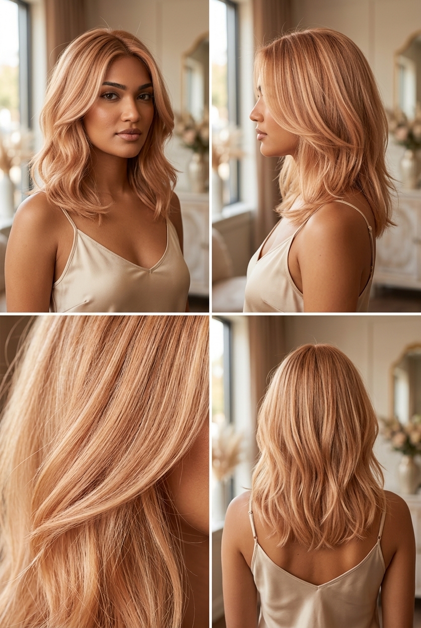 Peachy Strawberry Blonde Babylights 2026 long layered strawberry blonde with peachy-gold babylights, subtle dimension, feathery ends — dreamy wedding guest look