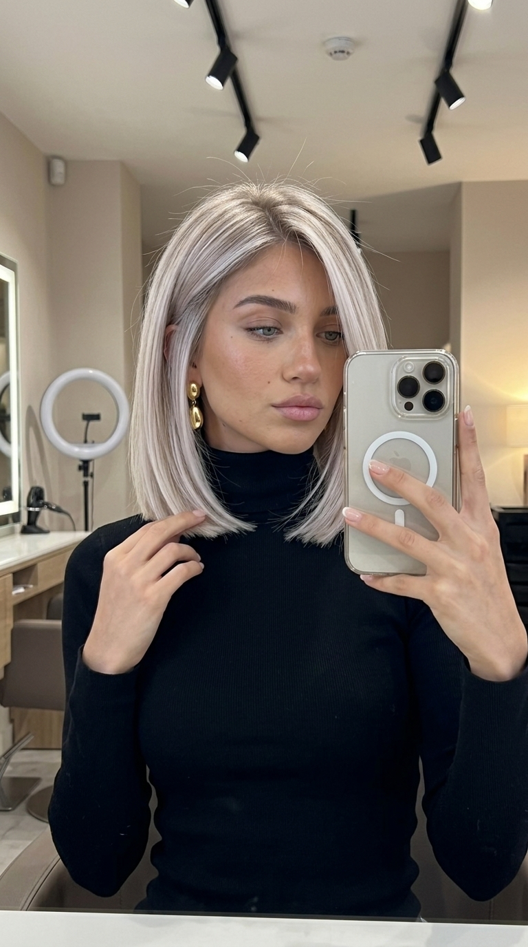 shoulder-length pearl blonde lob with cool vanilla and beige root for summer