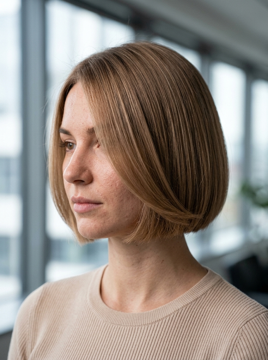 Naked Pecan Italian Bob 2026 short italian bob haircut with naked pecan brown, caramel dimension, sculpted perimeter, side-swept fringe — professional chic