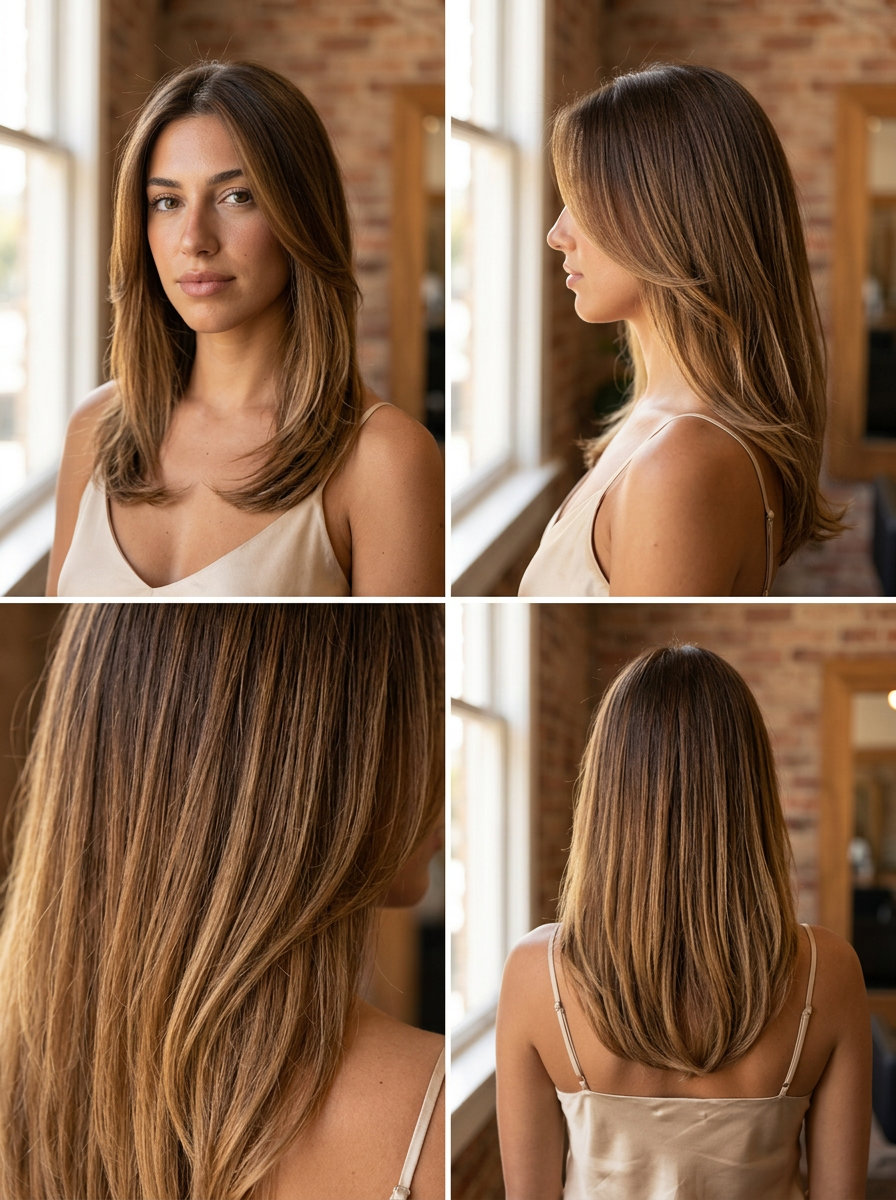 long layered haircut with pecan sandie ombré and face-framing layers