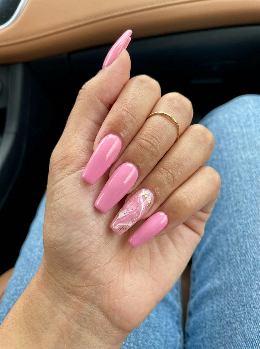 Pink Summer Nails 2026: Barbie Marble Glam Glamorous Barbie pink marble nails with gold flecks for formal events. Sophisticated pink summer nails 2026.