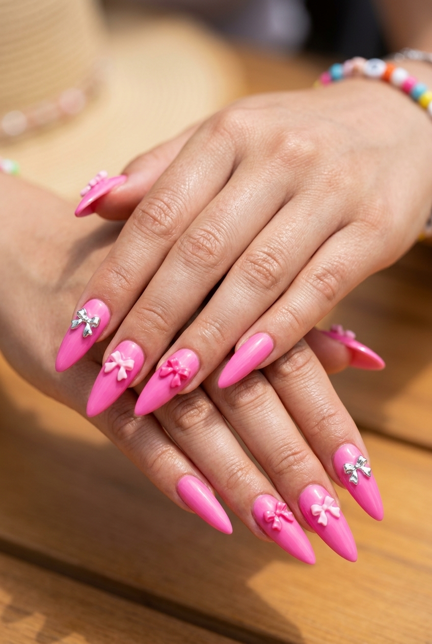 Barbie Pink Bow Nails 2026: Playful Festival Fun Barbie Pink 3D Bow Charms nails for festivals, featuring bright Barbie pink with playful 3D bow charms.