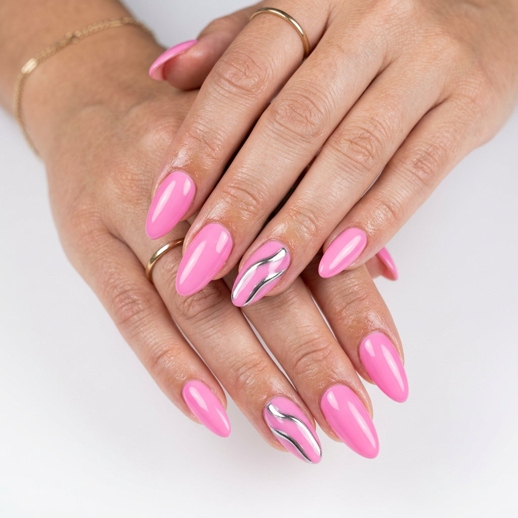 Barbie Pink Chrome Abstract Nails 2026: Edgy Night Out Style Barbie pink chrome abstract nails for an edgy night out look. Pink summer nails 2026.