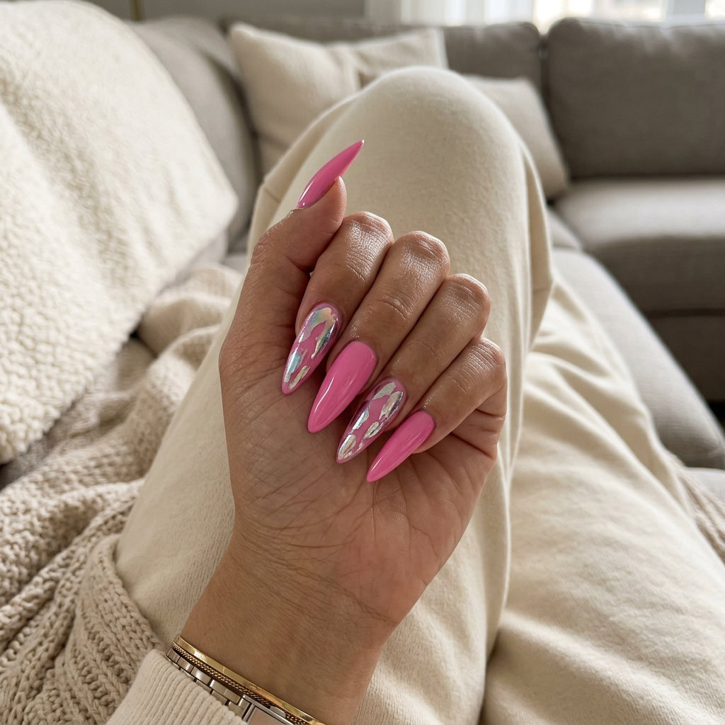 Barbie Pink Chrome Nails 2026: Festival Glam Barbie Pink Chrome Accents nails for festivals, featuring bright Barbie pink with silver and iridescent chrome.
