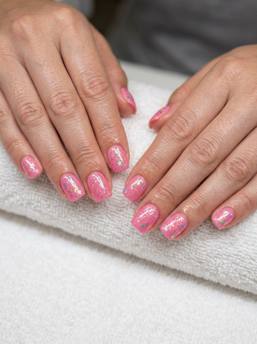 Coral Pink Foil Nails 2026: Summer Vacation Sparkle Coral Pink Foil Summer Sparkle nails for vacation, featuring warm coral pink with iridescent foil and gold glitter.