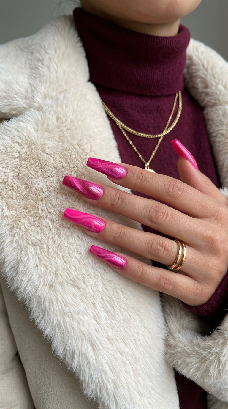 Hot Pink Cat-Eye Swirl Nails 2026: Captivating Look Hot Pink Cat-Eye Swirl nails for parties, featuring hot pink with deep pink cat-eye shift and matte swirls.