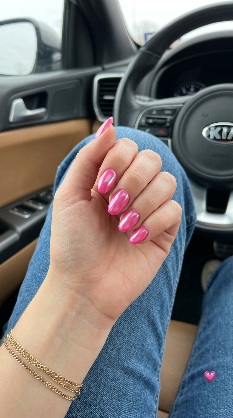 Hot Pink Glazed Donut Nails 2026: Glamorous Night Out Hot Pink Glazed Donut Shine nails for nights out, featuring opaque hot pink with iridescent pearl chrome.