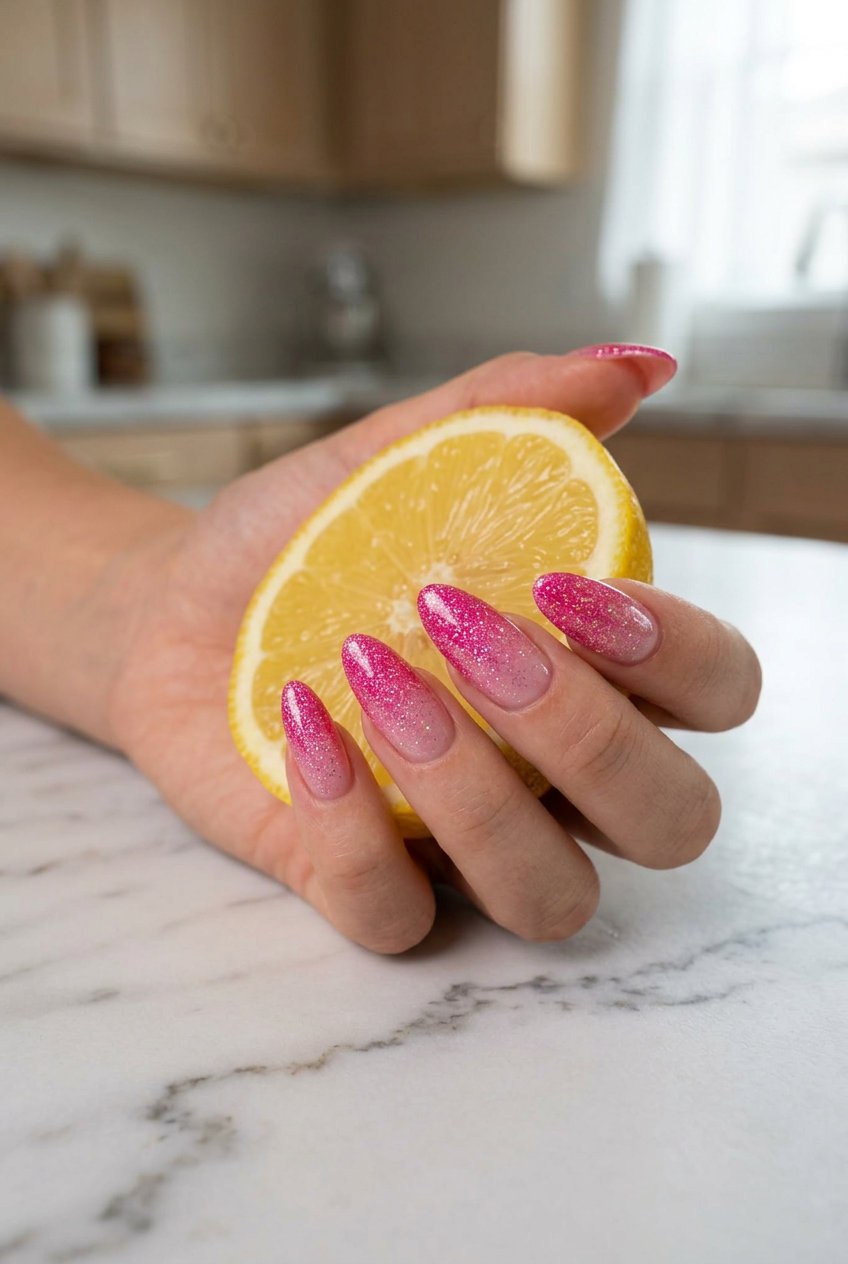 Hot Pink Glitter Ombre Nails 2026: Party & Festival Sparkle Hot pink glitter ombre stiletto nails for a sparkling party look. Pink summer nails 2026.