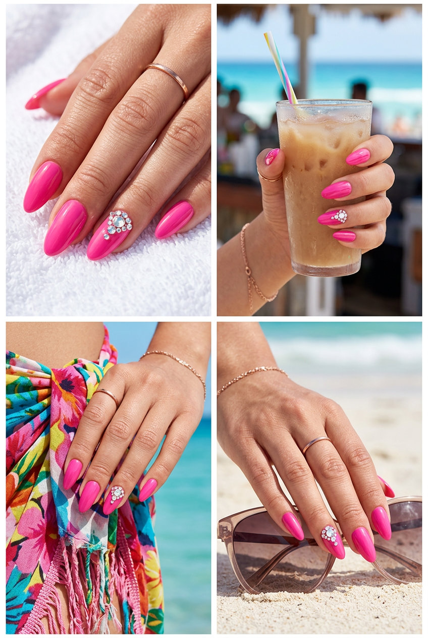 Pink Summer Nails 2026: Hot Pink Rhinestone Sparkle Dazzling hot pink nails with rhinestone accents for parties and concerts. Glamorous pink summer nails 2026.