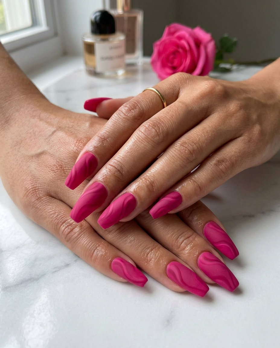 Hot Pink Velvet Nails 2026: Evening Event Style Hot Pink Velvet Aura Swirls nails for evening events, featuring deep hot pink matte gel with darker pink velvet swirls.