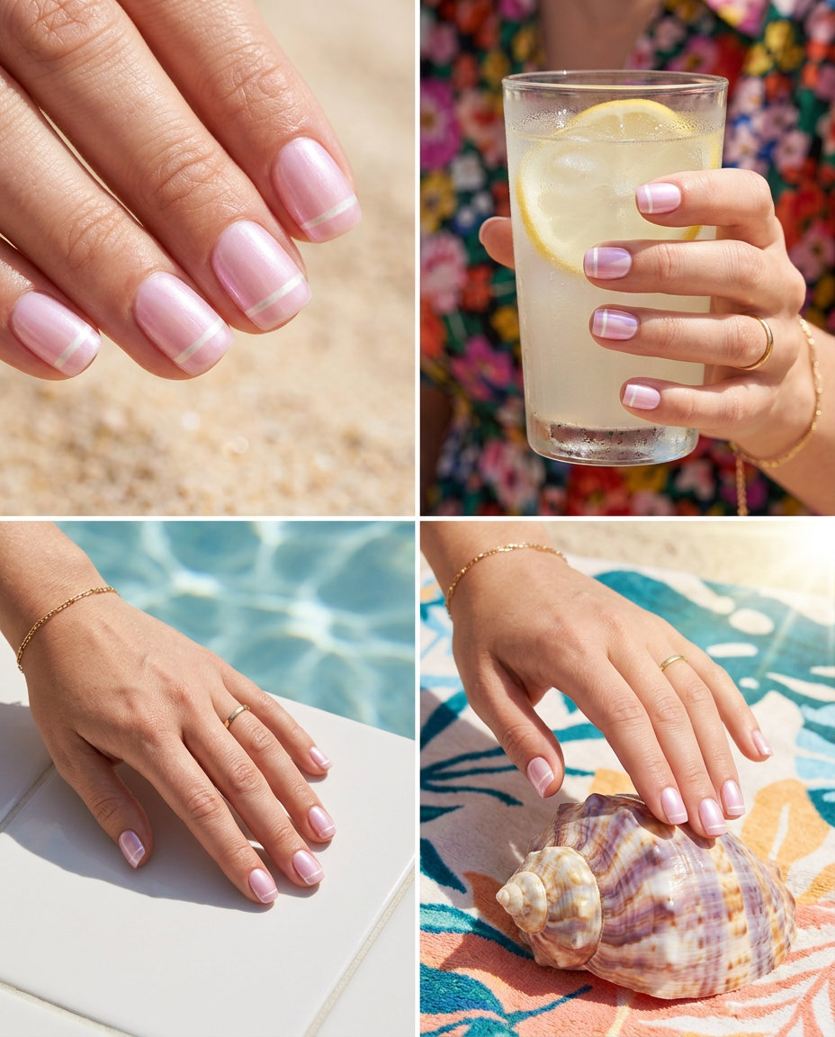 Pink Summer Nails 2026: Pearlescent Line Elegance Elegant pink and pearlescent white line nails for daily wear and casual chic. Chic pink summer nails 2026.