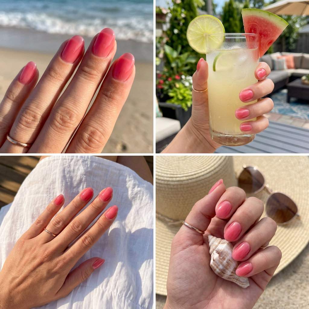 Pink Summer Nails 2026: Watermelon Jelly Bliss Sheer watermelon pink jelly nails for summer vacation and beach days. Perfect pink summer nails 2026.