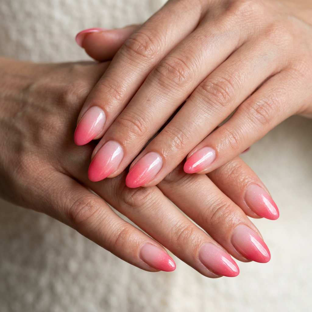 Watermelon Pink Ombre Nails 2026: Vacation & Beach Style Watermelon pink ombre nails with shimmer for a playful summer vacation look. Pink summer nails 2026.