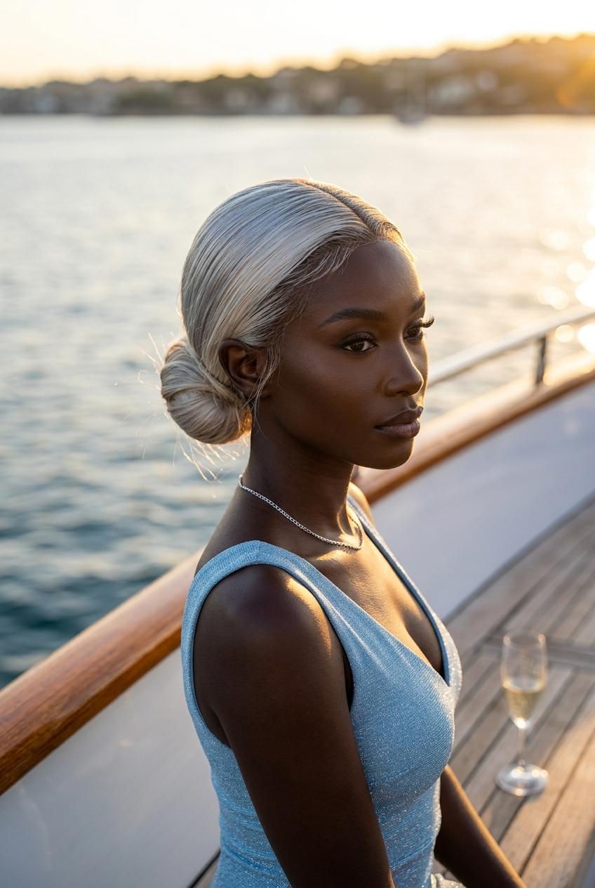 Glamorous Platinum Blonde Siren Bun 2026 low slicked back bun with platinum blonde, glass-like finish and tight wrap for event