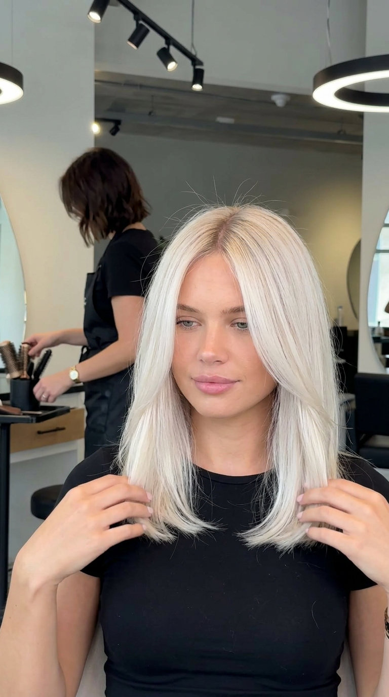 Platinum Blonde with Shadow Root 2026 long platinum blonde hair color with shadow root, cool beige tones, high-fashion edgy style