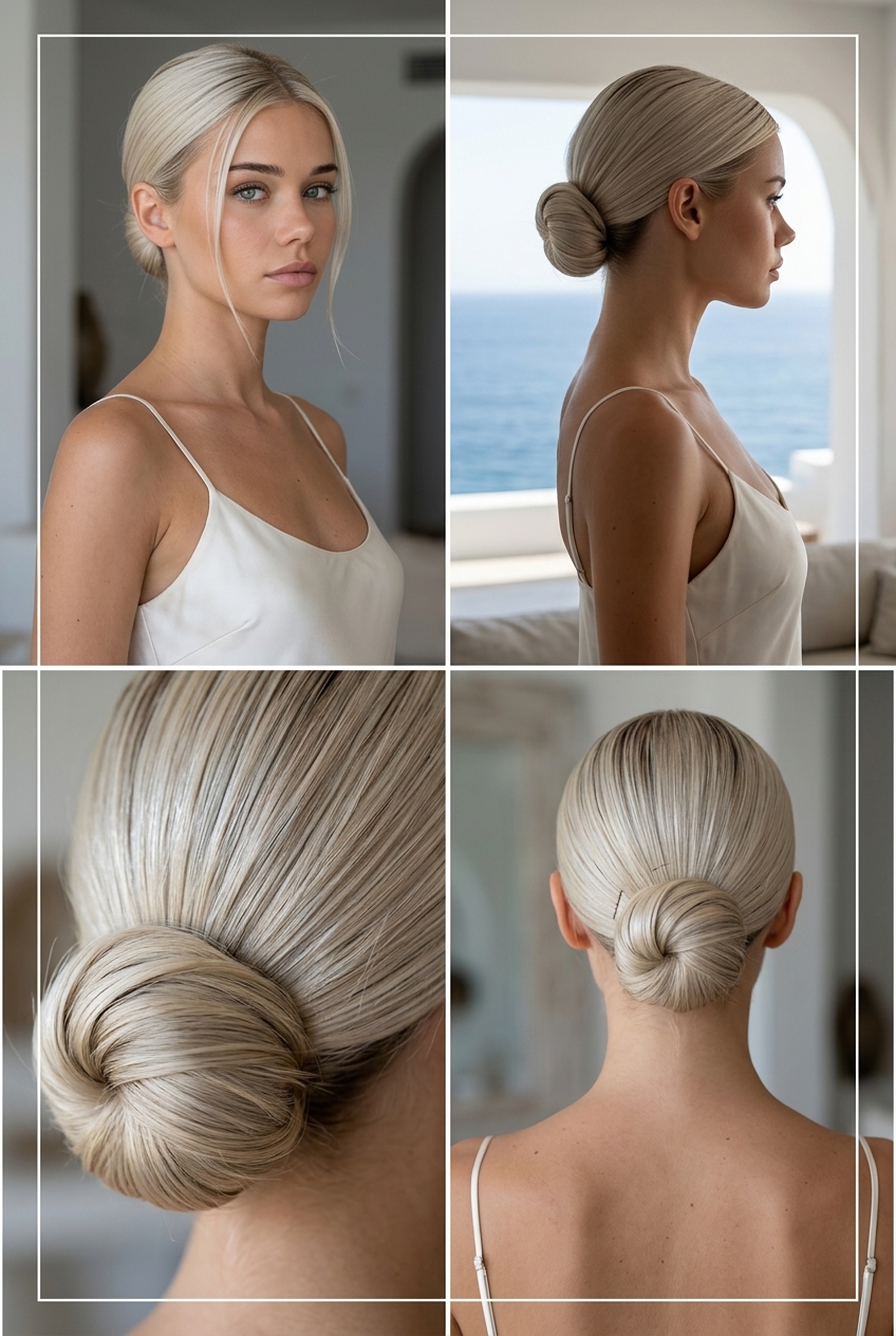 Platinum Minimalist Bun 2026 low slicked back bun with cool platinum blonde, minimalist texture, for daily wear