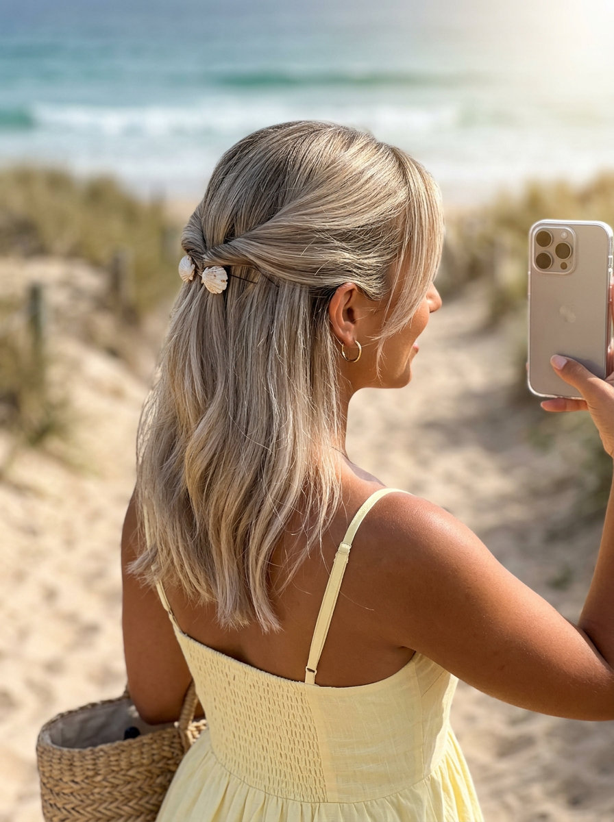 Platinum Half-Up Twist Hairstyle 2026 medium platinum blonde half-up twist with shell clips, sweet style for summer 2026