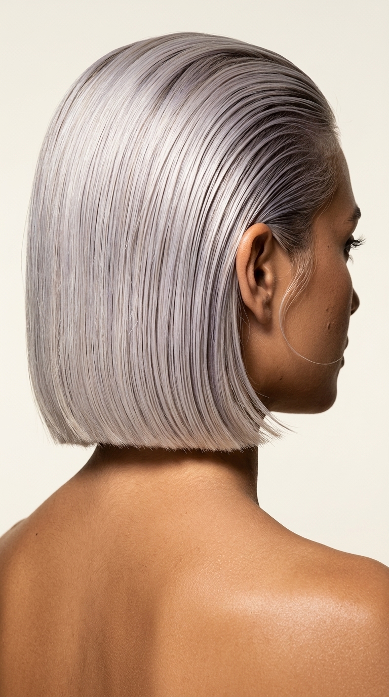short icy platinum blonde bob with sharp perimeter, no fringe — bold evening event style