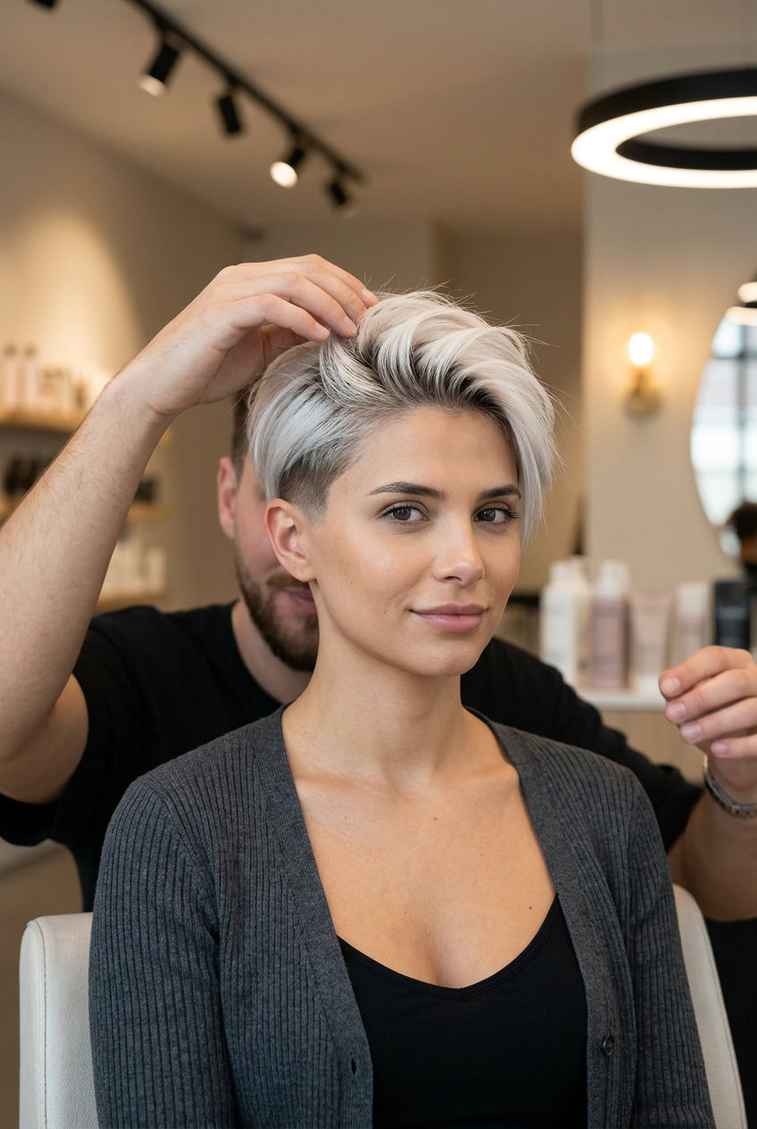short cool platinum blonde pixie haircut with clipper faded sides and textured top, asymmetrical fringe — bold professional style