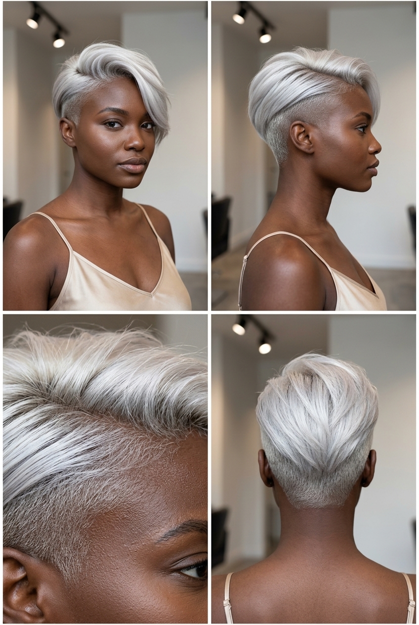 short undercut hair with platinum blonde gloss, cool silver and pearl undertones for summer 2026
