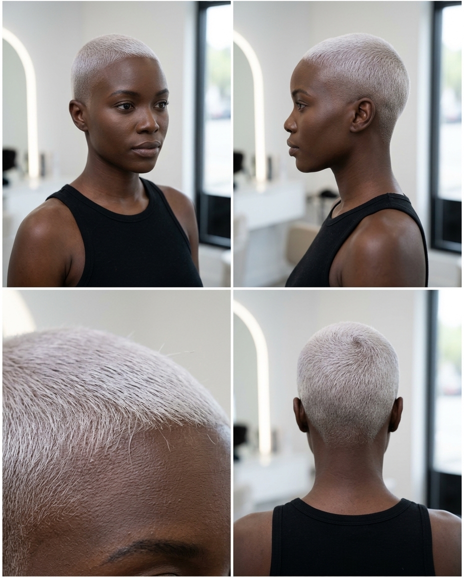 very short platinum blonde buzz cut with silver-violet toner for summer