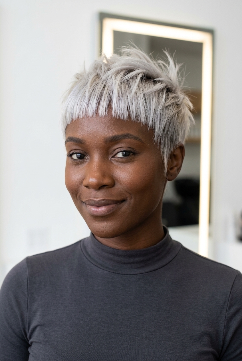 very short pixie haircut with icy platinum blonde, silver undertones, blunt micro fringe — edgy bold