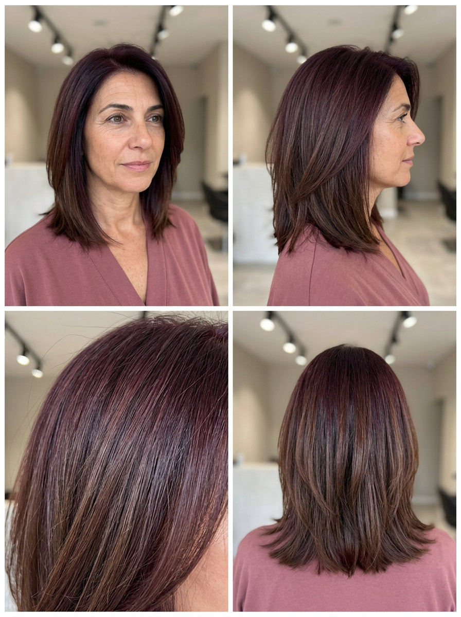 Deep Plum Shadow Root Lob 2026 short textured lob haircut with deep plum shadow root on natural brunette for edgy looks