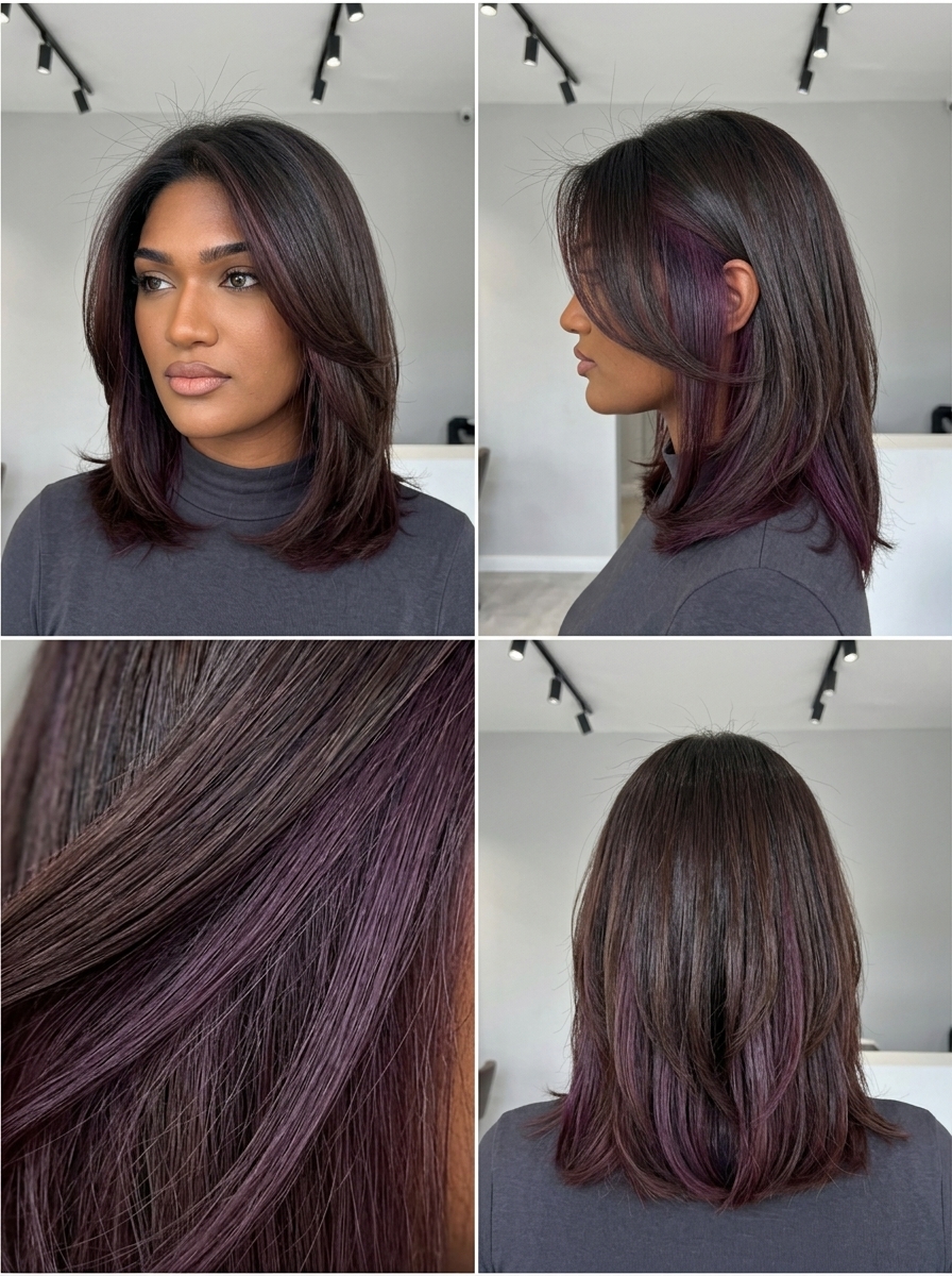 short plum peekaboo undercut with violet undertones, hidden panels, no fringe — playful edgy date night
