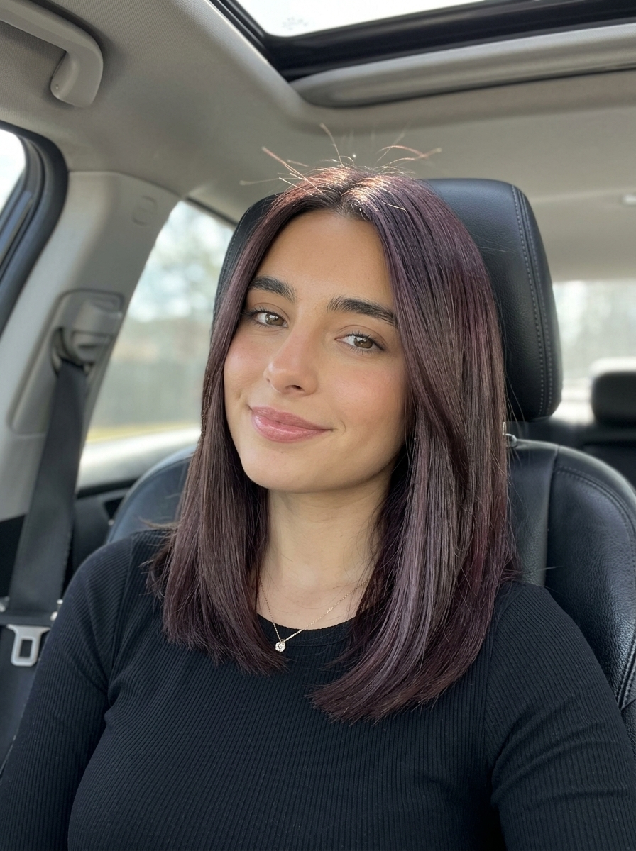 deep brown gloss with cool violet undertones, mirror shine, no fringe — dramatic summer style