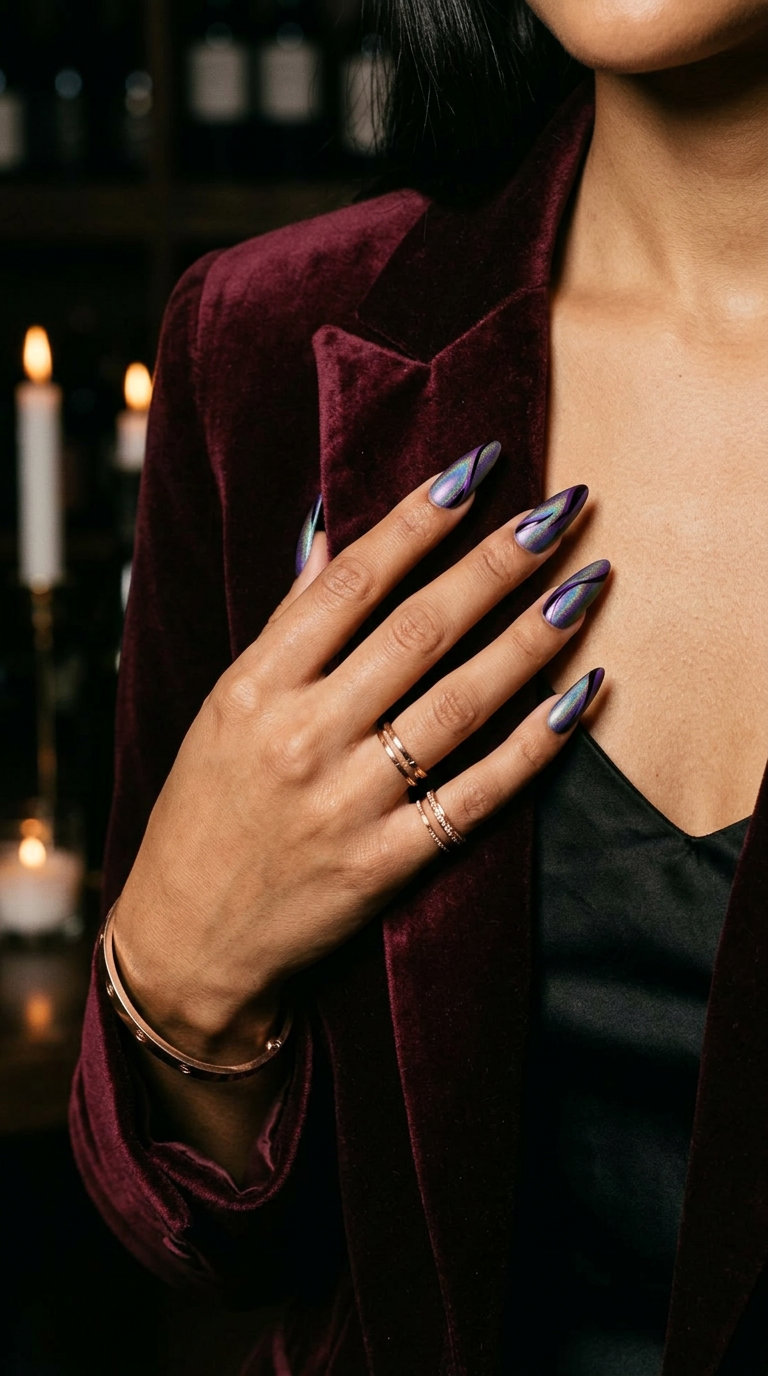 Purple Vacation Nails 2026: Amethyst Abstract Stiletto Amethyst purple and black abstract line stiletto vacation nails 2026 for festivals and edgy nights out.
