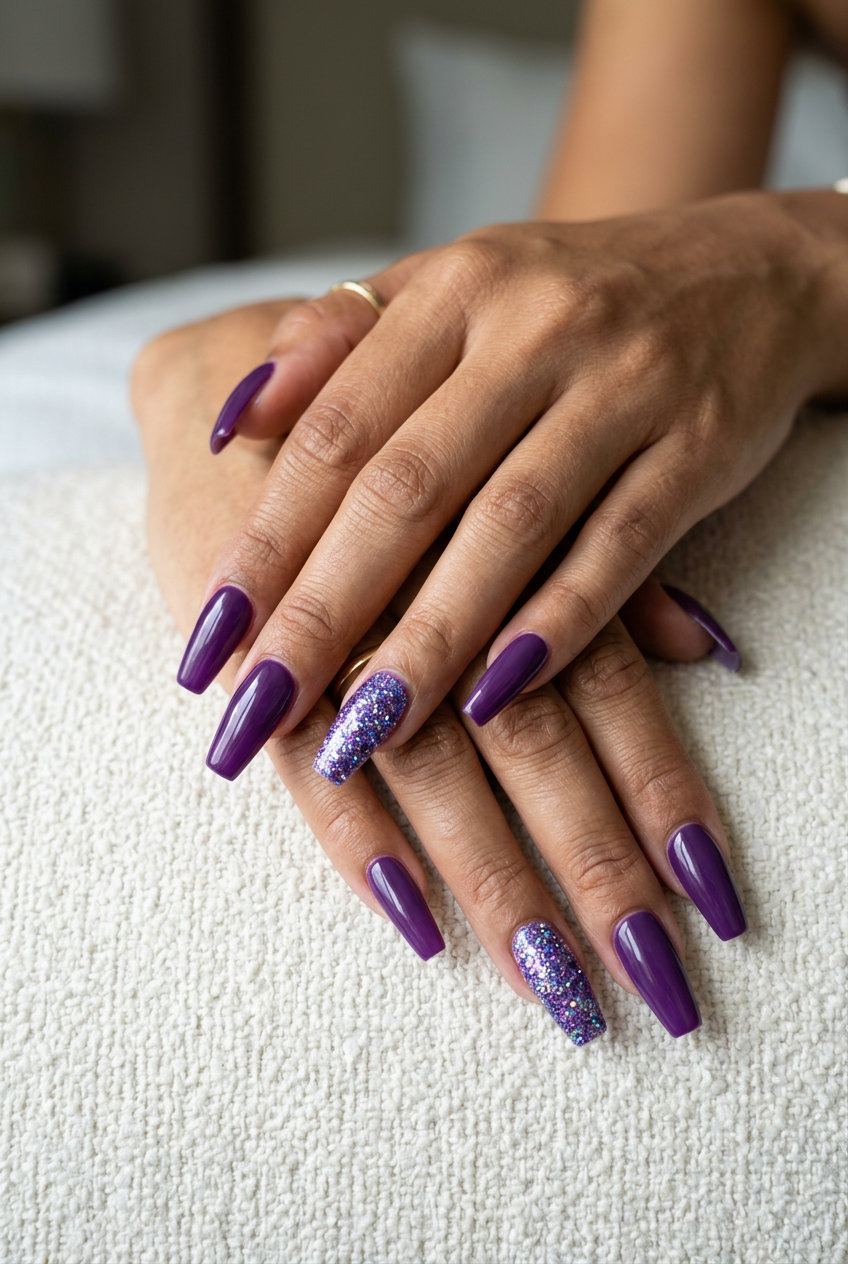 Purple Vacation Nails 2026: Amethyst Glitter Accent Coffin Amethyst glitter accent coffin nails for vacation 2026. Glamorous and elegant party nails.