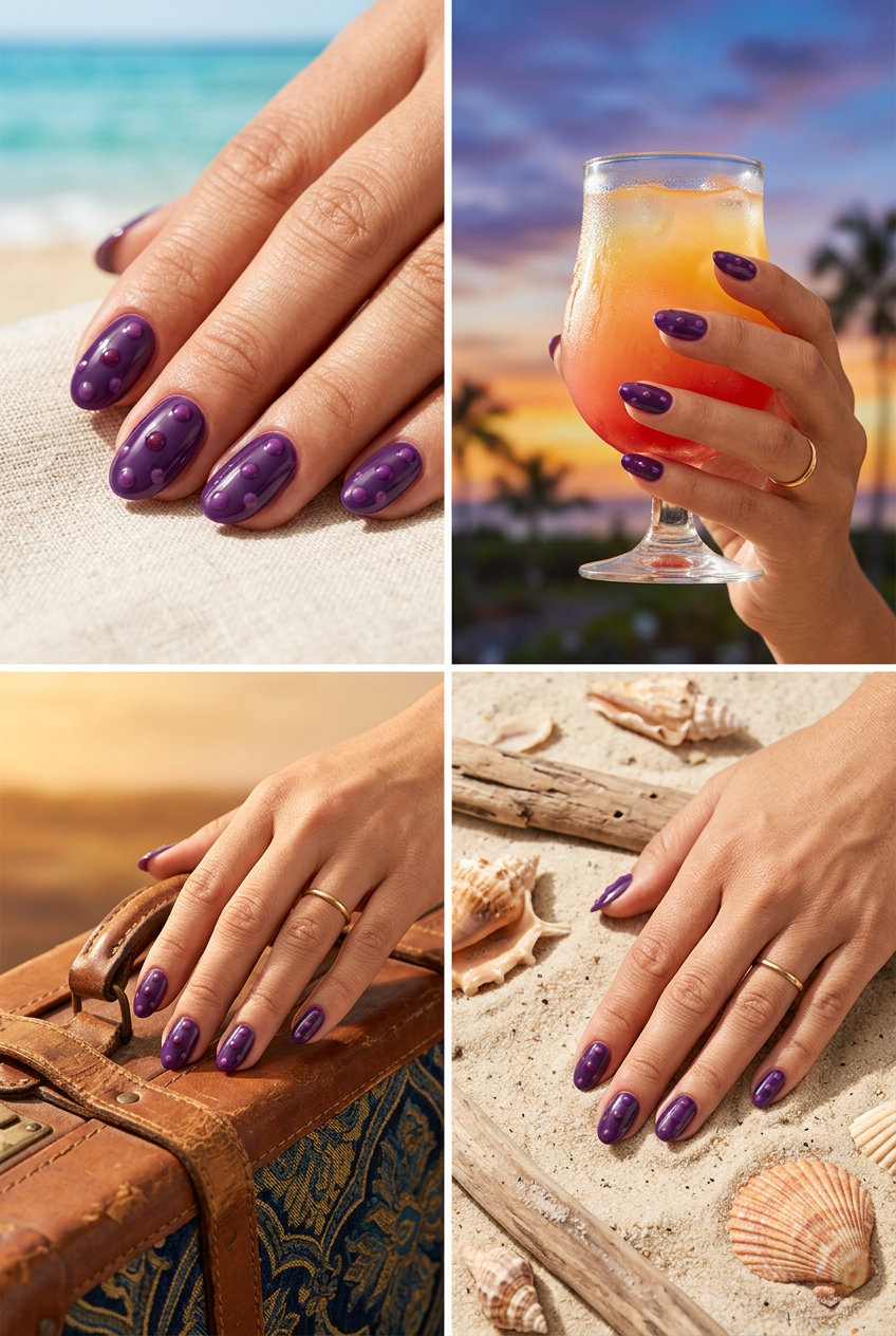 Purple Vacation Nails 2026: Amethyst Textured Dots Amethyst textured dots oval nails for vacation 2026: edgy and sophisticated for date nights.