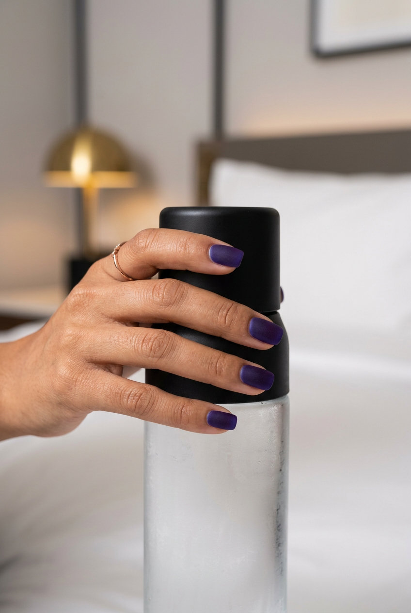 Purple Vacation Nails 2026: Velvet Matte Sophistication Deep purple velvet matte nails for vacation 2026. Sophisticated short square gel polish.