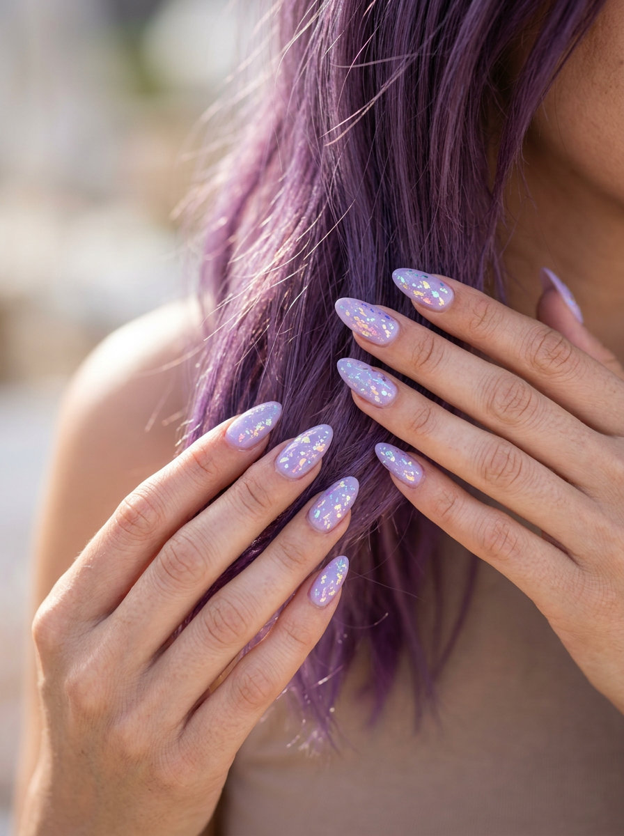Purple Vacation Nails 2026: Lavender Foil Almond Dream Lavender foil almond nails for vacation 2026. Dreamy bohemian chic with iridescent flakes.