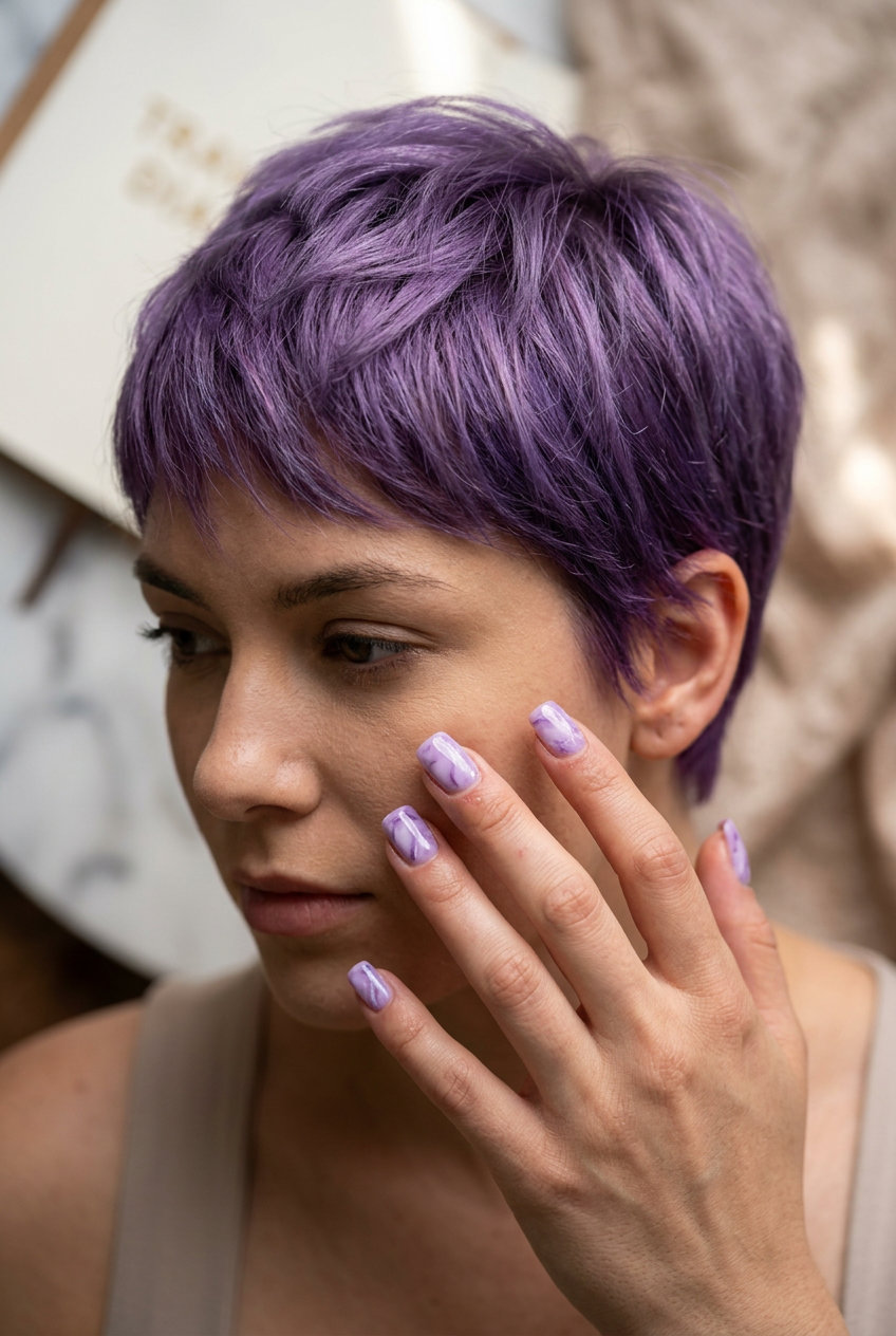 Purple Vacation Nails 2026: Lilac Marble Square Lilac marble square nails for vacation 2026: sophisticated and elegant for formal events.