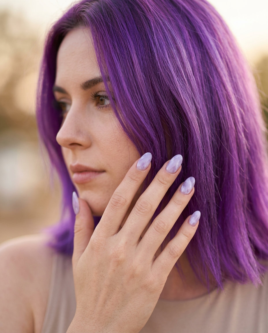 Milky lavender and white marble vacation nails 2026 for a romantic getaway or wedding guest look.