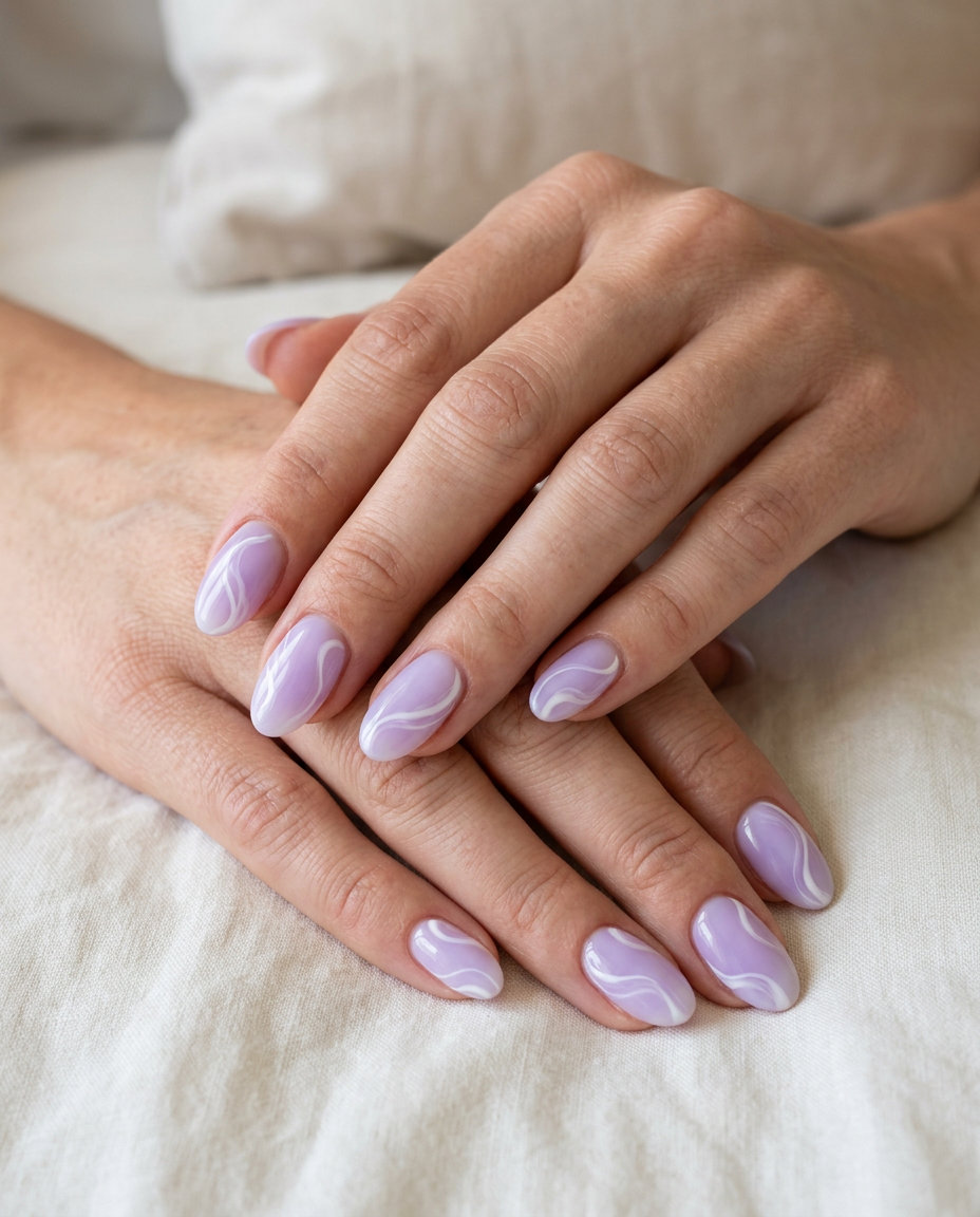 Purple Vacation Nails 2026: Pale Violet Milky Swirl Oval Pale violet milky swirl oval nails for vacation 2026. Clean-girl minimalist style.