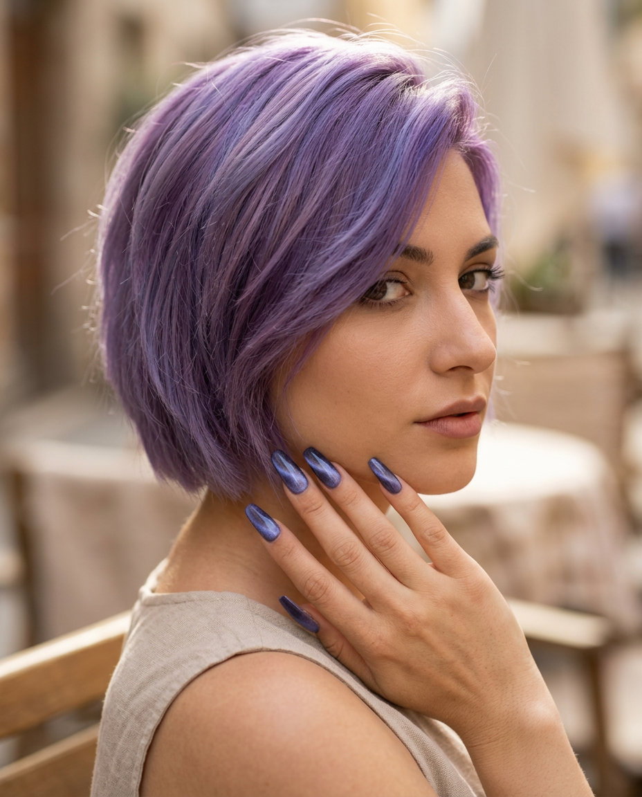 Purple Vacation Nails 2026: Periwinkle Cat-Eye Periwinkle cat-eye depth coffin nails for vacation 2026: sultry and glamorous for evenings.