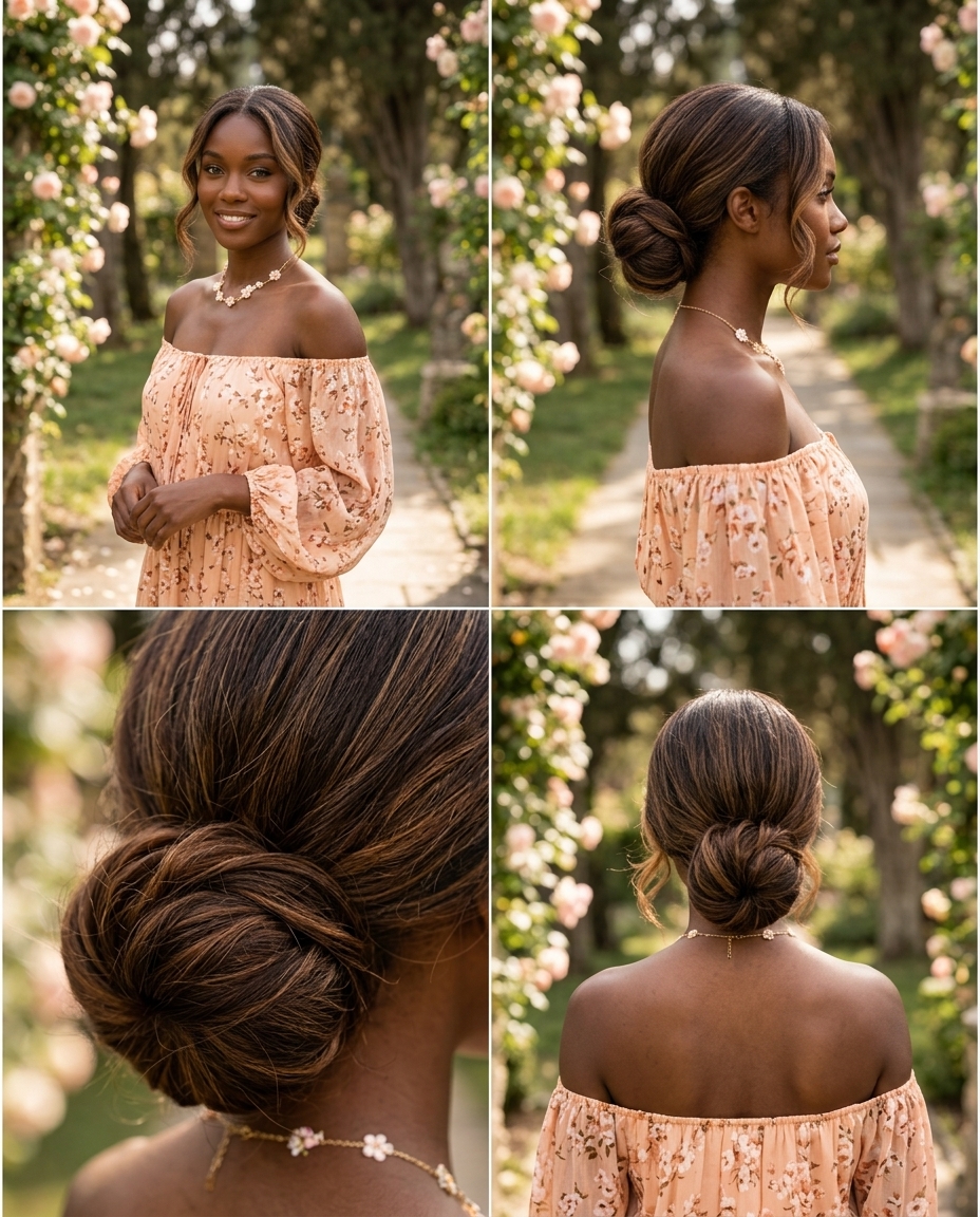 Romantic Wavy Tendril Low Bun 2026 low slicked back bun with rich brunette, wavy tendrils and soft texture for date night