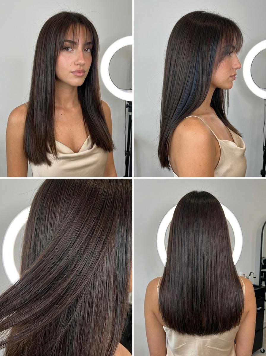 Long Espresso Hair with Wispy Bangs 2026 long blunt cut hair with rich espresso, wispy bangs, and blue-black lowlights for summer 2026