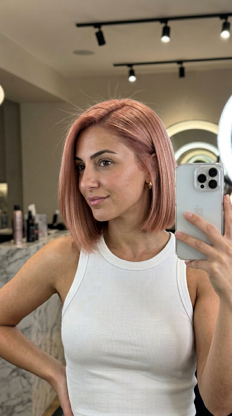 Modern Rose Gold Bob: Trendy Summer Hair 2026 Modern rose gold chin-length blunt bob with side part for summer