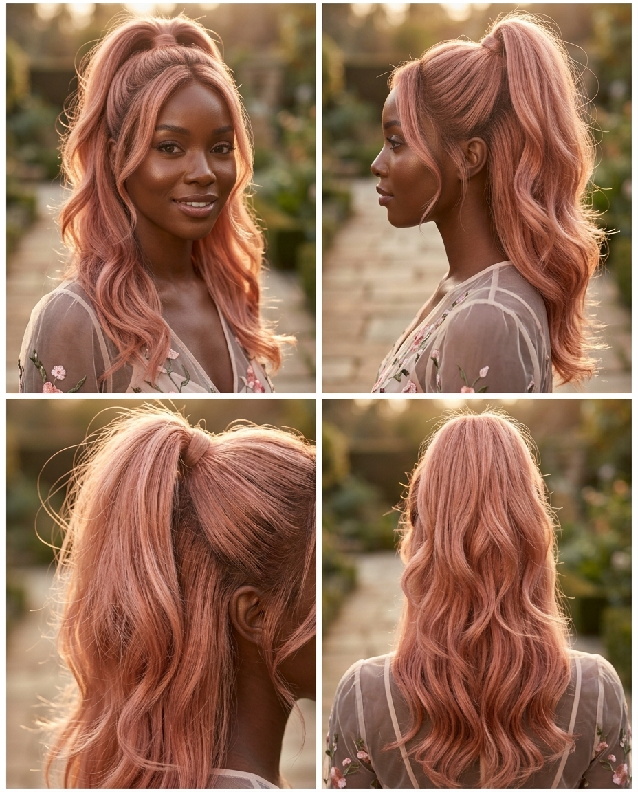 Rose Gold Fashion Color Ponytail 2026 medium-long wavy ponytail with rose gold, pink undertones, peach tones for date night